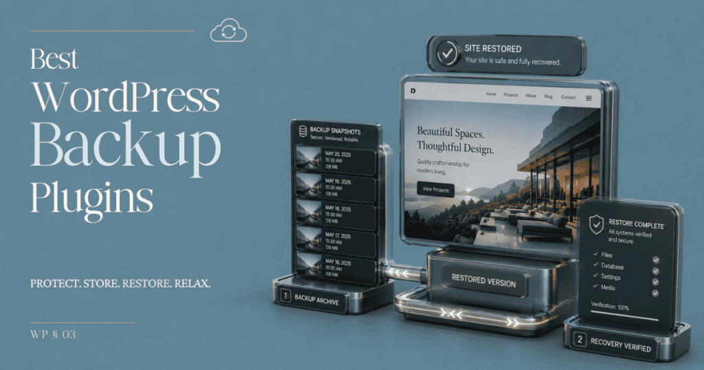 Editorial illustration of WordPress backup and website recovery tools.