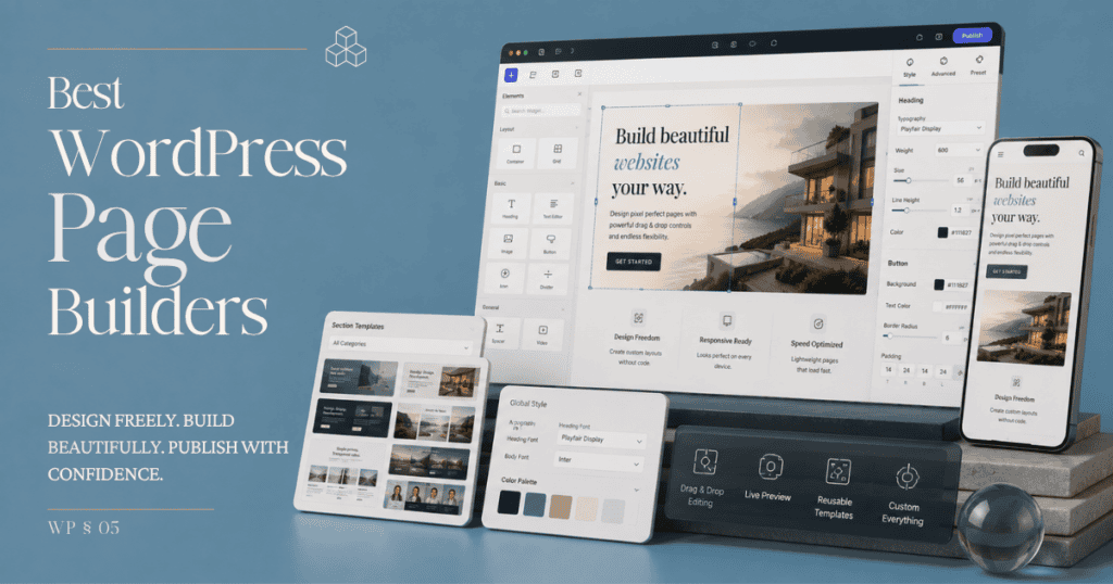 Editorial illustration of WordPress page builder design tools.