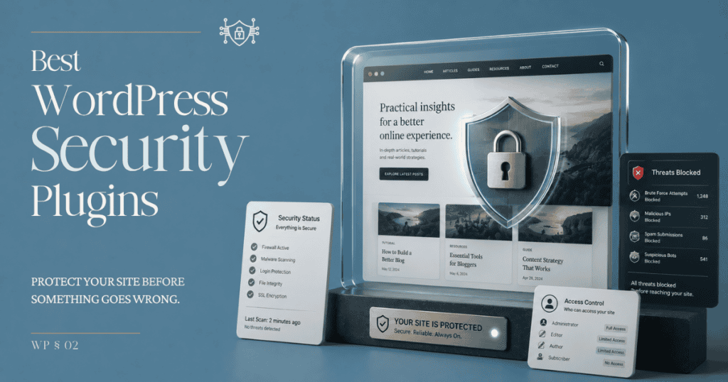 Illustration of WordPress security tools protecting a website from online threats.